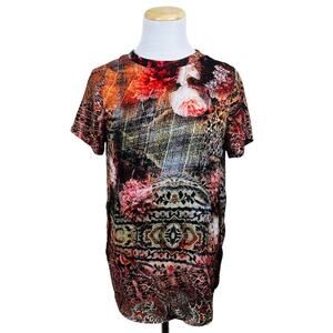 MANGO MNG Brown Rustic Floral Short Sleeve Tunic Top XS Split Side
